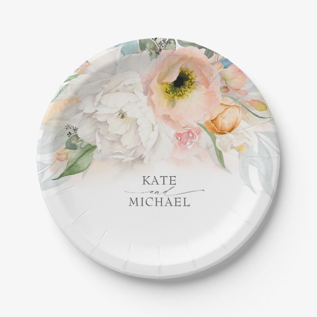 Peach and Blush Pink Floral Wedding Paper Plates (Front)