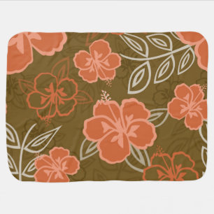 Peach and Brown Hawaiian Hibiscus Pattern Baby Blanket