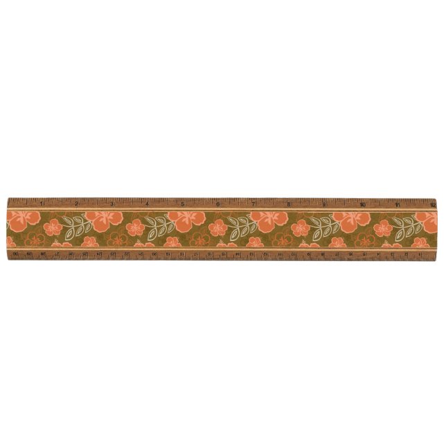 Peach and Brown Hawaiian Hibiscus Pattern Ruler (Front)