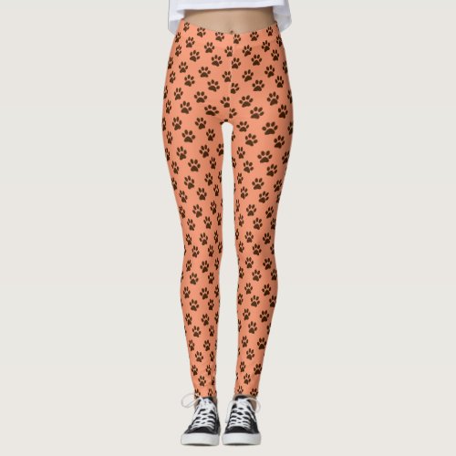 Peach And Brown Paw Prints Leggings