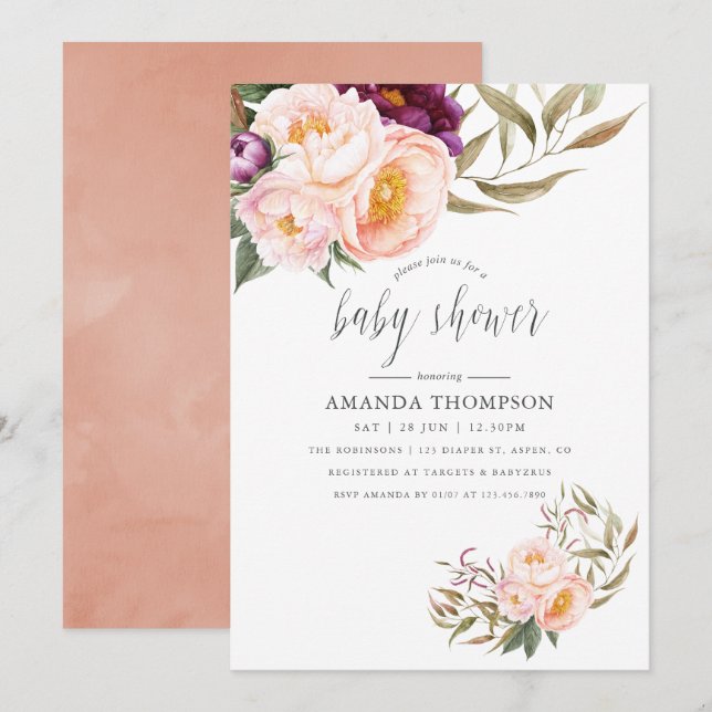 Peach and Burgundy Floral Baby Shower Invitation (Front/Back)