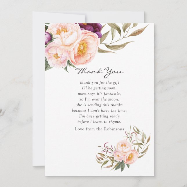 Peach and Burgundy Floral Baby Shower Thank You (Front)