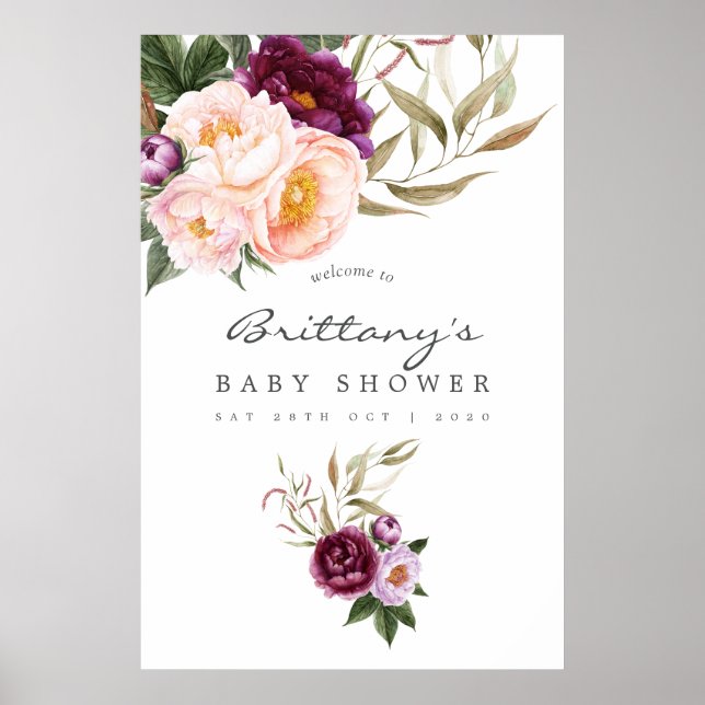 Peach and Burgundy Floral Baby Shower Welcome Poster (Front)