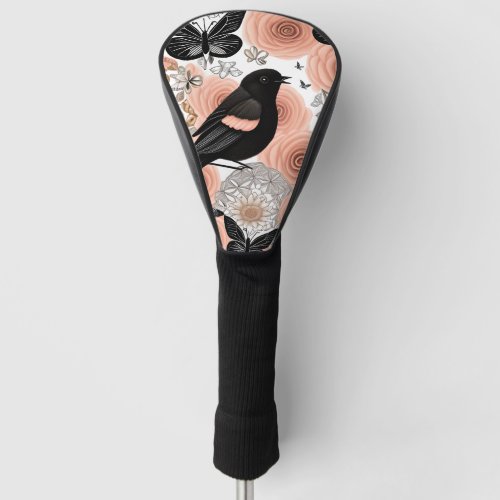 Peach and Charcoal Flowers Robin and Butterflies Golf Head Cover