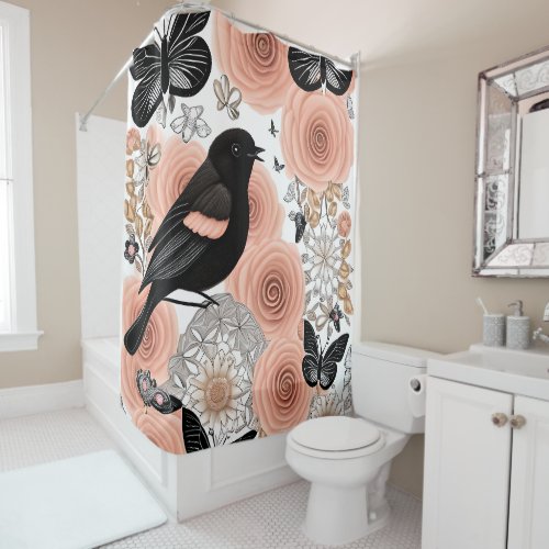 Peach and Charcoal Flowers Robin and Butterflies Shower Curtain