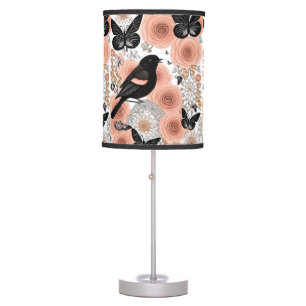Peach and Charcoal Flowers, Robin and Butterflies Table Lamp