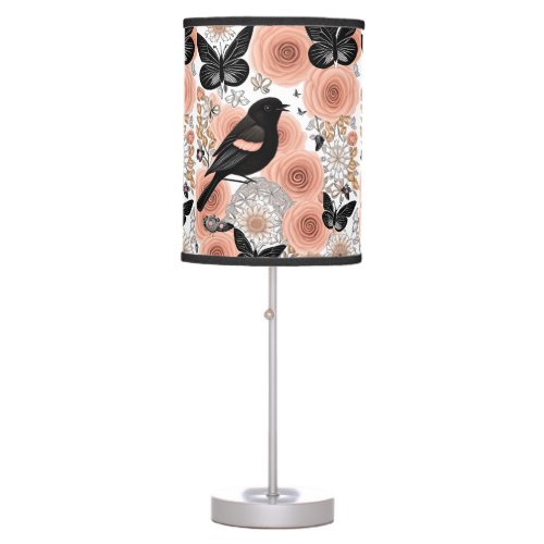Peach and Charcoal Flowers Robin and Butterflies Table Lamp