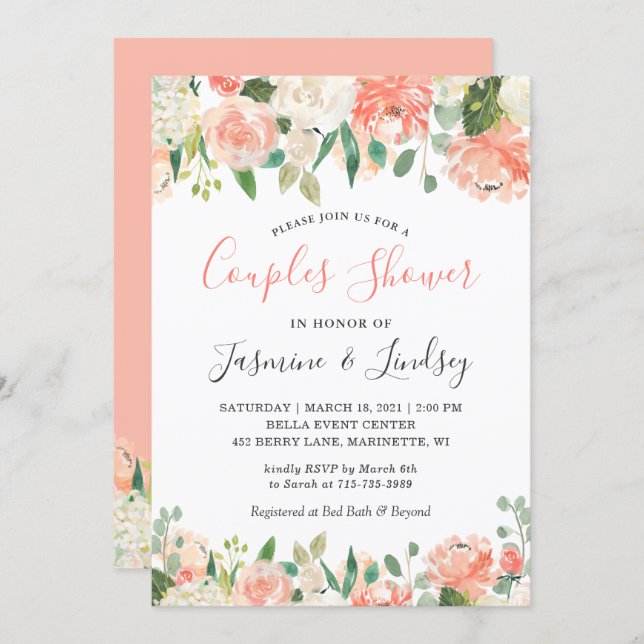 Peach and Coral Floral Wedding Couples Shower Invitation (Front/Back)