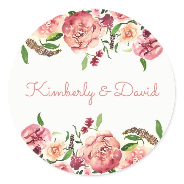 Peach and Coral Flowers Floral Wedding Classic Round Sticker