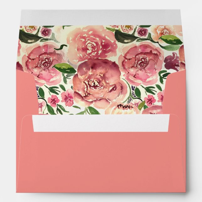 Peach and Coral Flowers Floral Wedding Envelope (Back (Bottom))