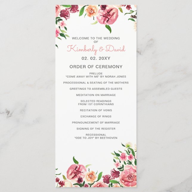 Peach and Coral Flowers Floral Wedding Programs (Front)