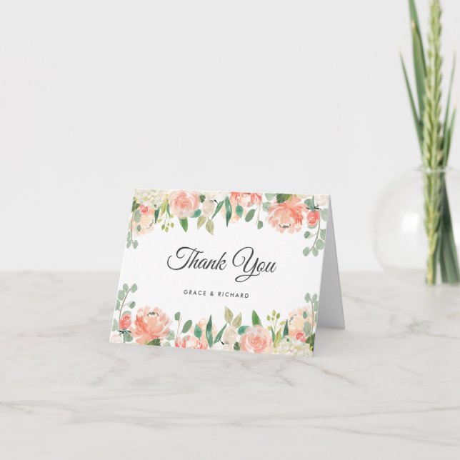Peach and Coral Peony Floral Thank You Card (Front)