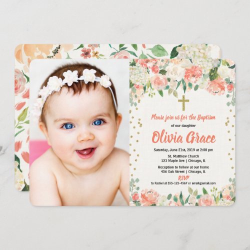 Peach and cream floral baptism girl photo invitation