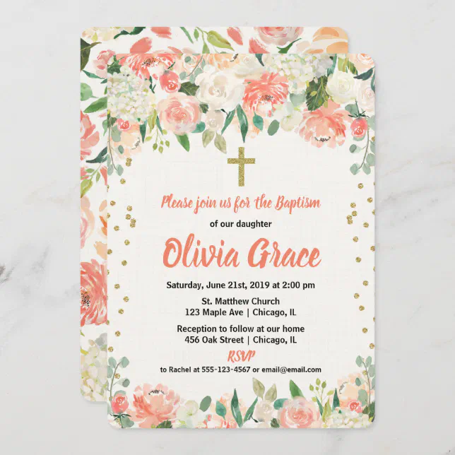 Peach and cream floral baptism invitation girl | Zazzle