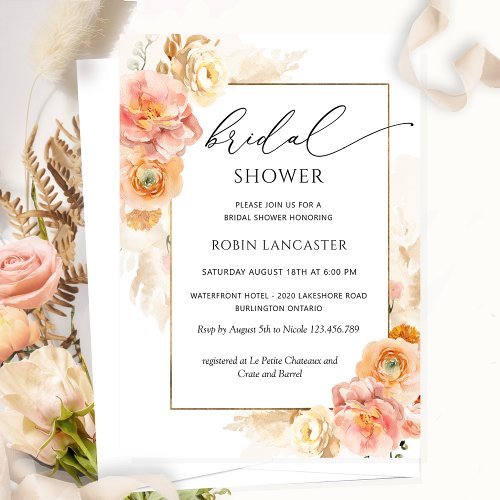 Peach and Cream Floral Bridal Shower Brunch Invitation
