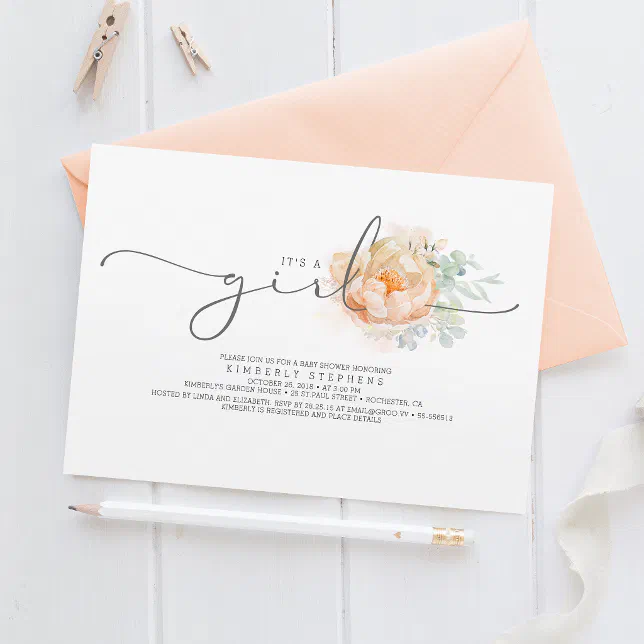 Peach and Cream Floral Calligraphy Baby Shower Invitation | Zazzle