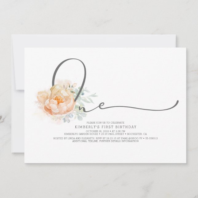 Peach and Cream Floral Elegant 1st Birthday Invitation (Front)