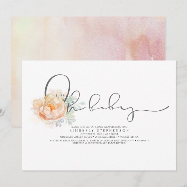 Peach and Cream Floral Script Baby Shower Invitation (Front/Back)