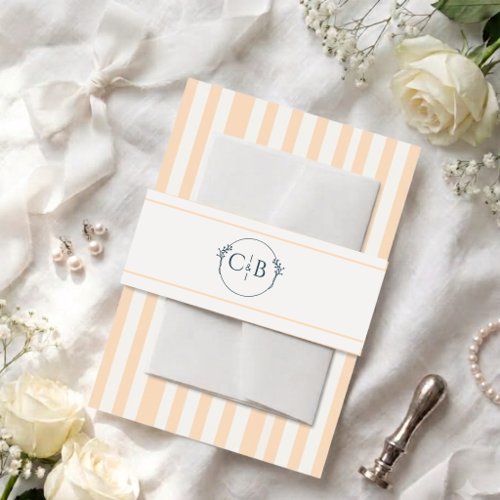 Peach and Cream striped Monogram Wedding  Invitation Belly Band