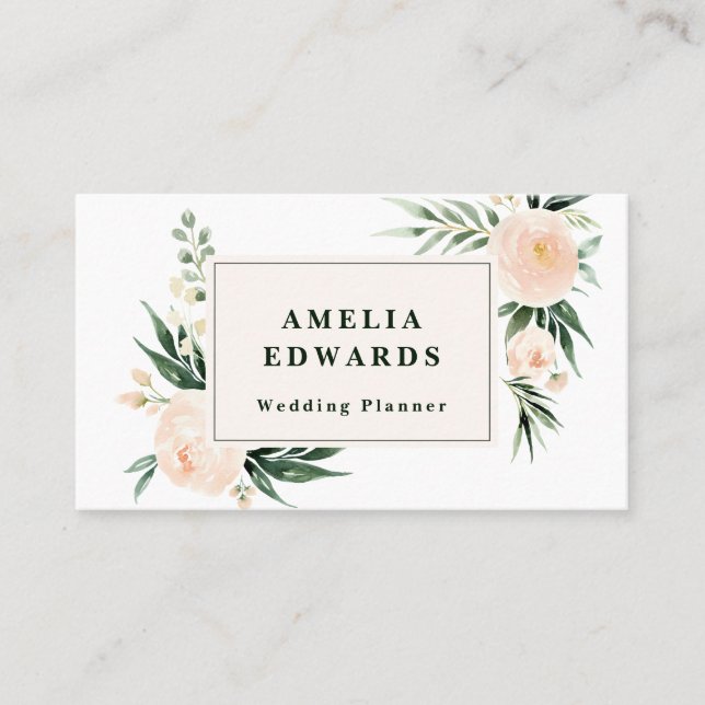 Peach and cream watercolor leaf + foliage  business card (Front)