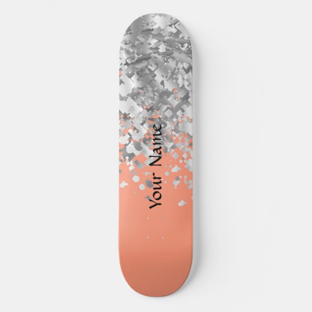 Peach and faux glitter personalized skateboard deck (Front)