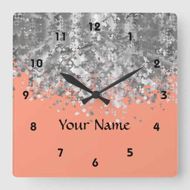 Peach and faux glitter personalized square wall clock (Front)