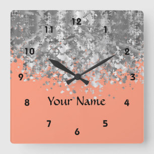Peach and faux glitter personalized square wall clock