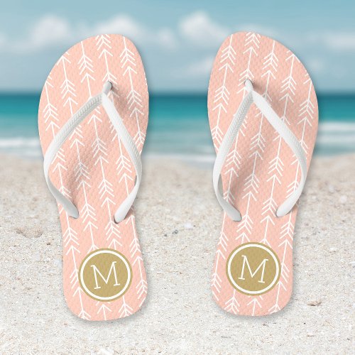 Peach and Gold Arrows Monogram Flip Flops