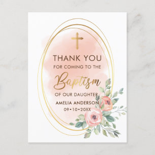 Peach and Gold Baptism Thank You Postcard