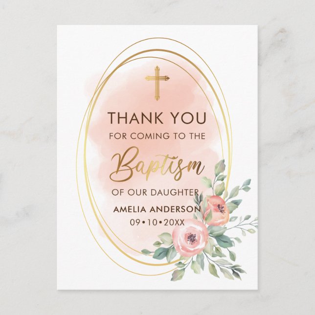 Peach and Gold Baptism Thank You Postcard (Front)
