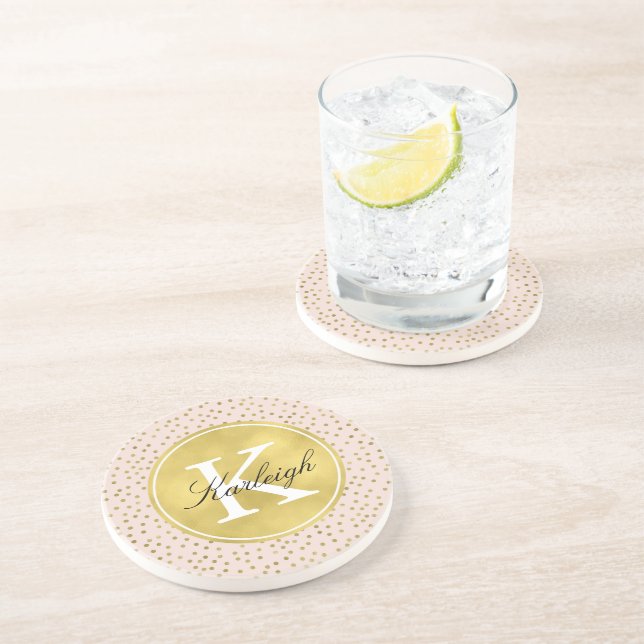Peach and Gold Confetti Dots Monogram Drink Coaster (Side)