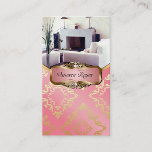 Peach and Gold Damask Photo Business Card