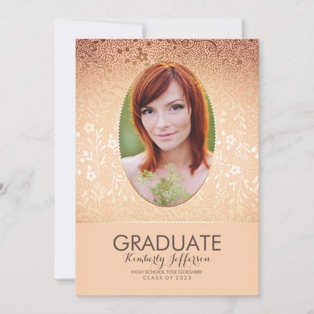 Peach and Gold Floral Chic Photo Graduation Party Invitation (Front)