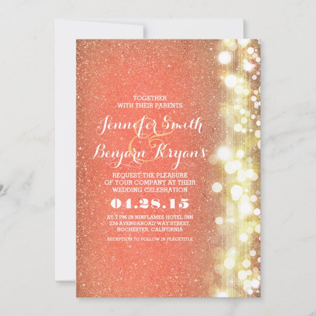 peach and gold glitter lights wedding invitation (Front)