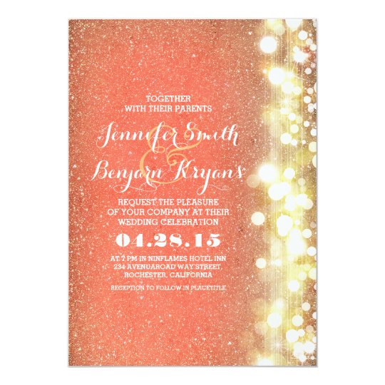 Peach And Gold Glitter Lights Wedding Invitation Zazzle Peach And Gold Glitter Lights Wedding Invitation