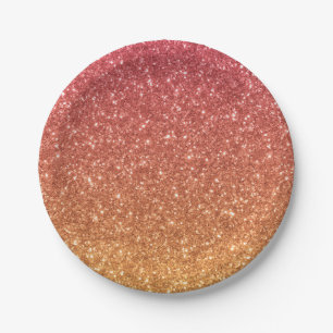 Peach and Gold Glitter Ombre Kids Birthday Party Paper Plates