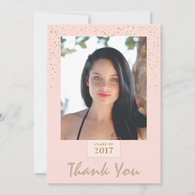 Peach and Gold Glitter Photo Graduation Thank You Card (Front)