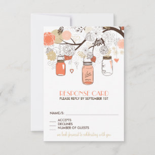 Peach and Gold Mason Jars Spring Flowers RSVP Card