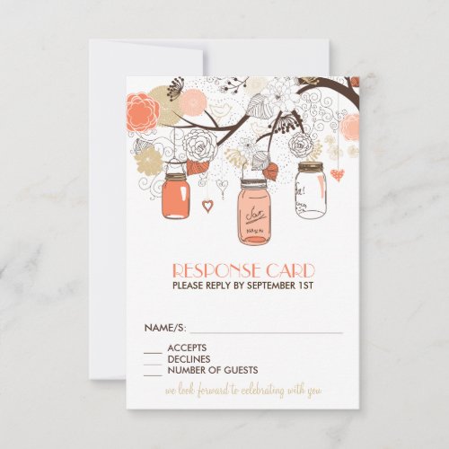 Peach and Gold Mason Jars Spring Flowers RSVP Card