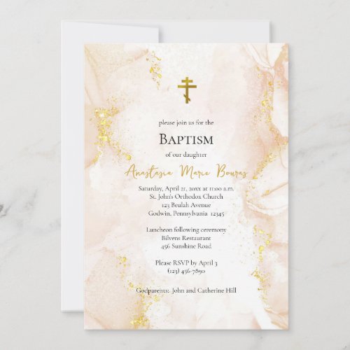 Peach and Gold Orthodox Baptism Invitation Card