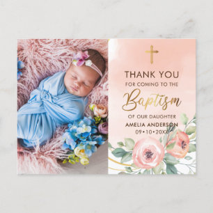 Peach and Gold Photo Baptism Thank You Postcard