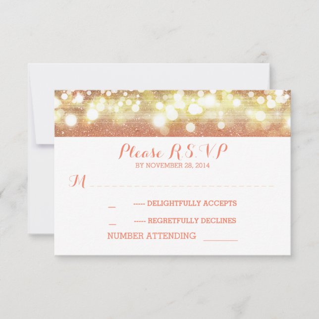peach and gold string lights glitter wedding RSVP (Front)