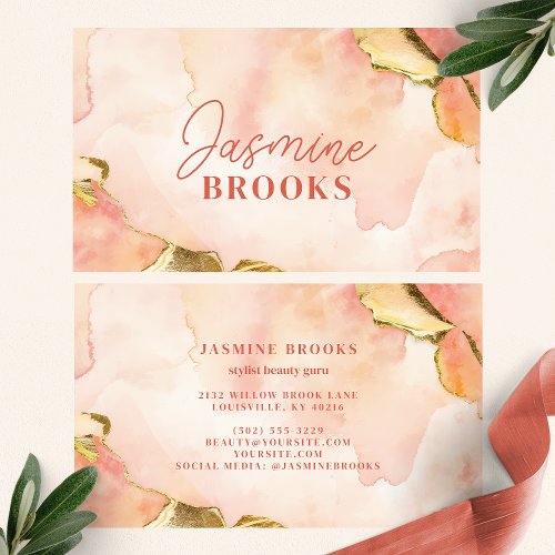 Peach And Gold Watercolor Elegant Business Card