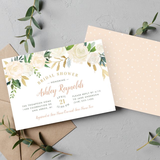 Peach and Gold White Rose Wedding Bridal Shower Invitation (Creator Uploaded)