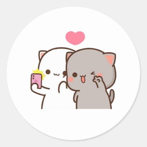 Peach And Goma Mochi Bear Couple Selfie Classic Round Sticker