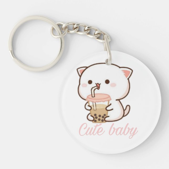 Peach and Goma Mochi Cat Bubble Tea  Baby Bodysuit Keychain (Front)