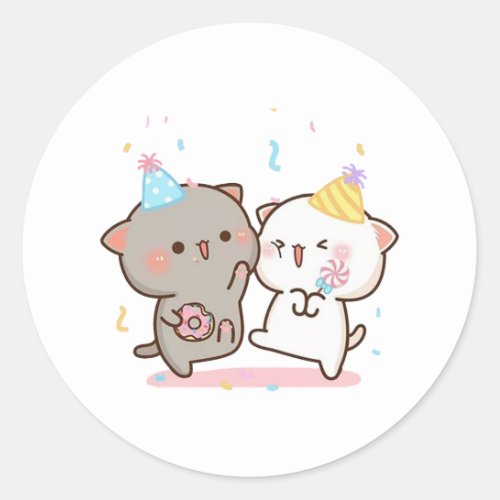 Peach And Goma Mochi Cat Happy Birthday Classic Round Sticker