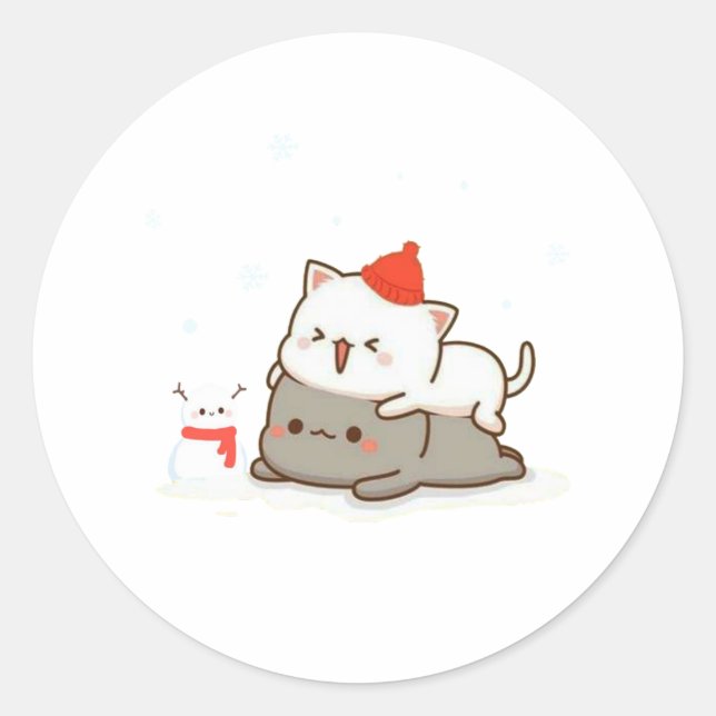 Peach And Goma Mochi Cat, Merry Christmas Classic Round Sticker (Front)