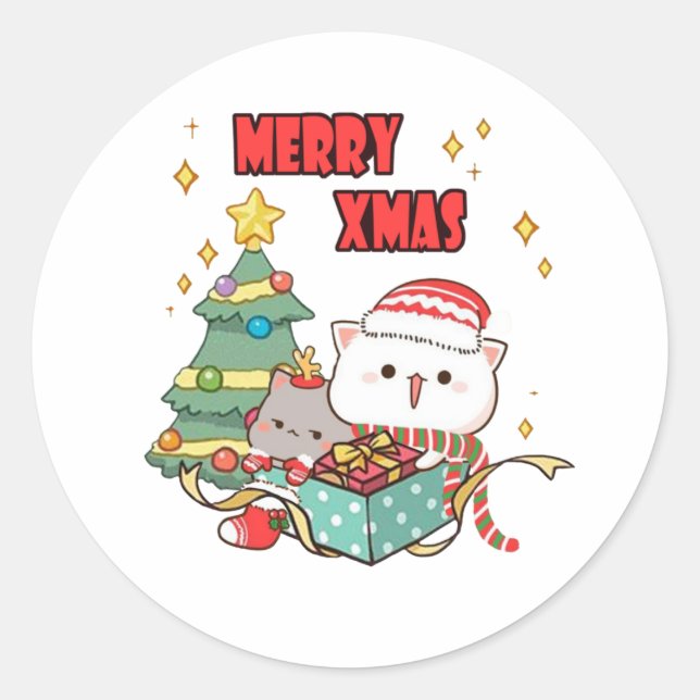 Peach And Goma Mochi Cat, Merry Christmas Classic Round Sticker (Front)