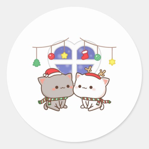 Peach And Goma Mochi Cat Merry Christmas Classic Round Sticker